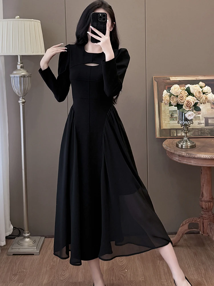 

Сексуальное черное платье с круглым вырезом и длинными рукавами, весеннее элегантное шифоновое платье для похудения, женское новое платье