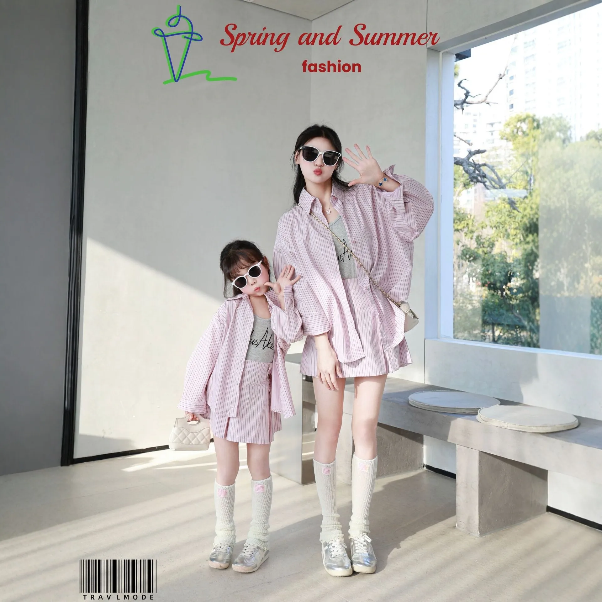 2026 New Spring Summer Mommy and Me Matching Striped Shirt & Pleated Skirt 2 Piece Set Korean Fashion Family Outfits