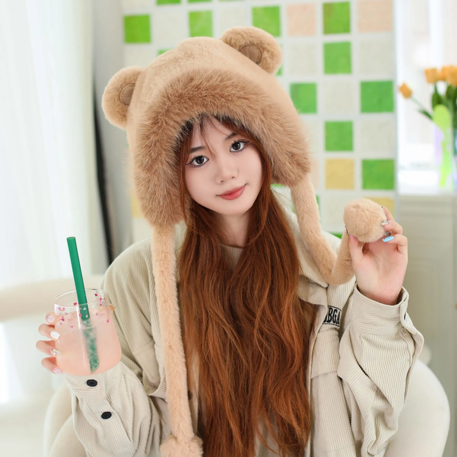 Winter Cute Bear Ear Warm Hat Women Plush Beanie Hat Girls Windproof Cap Warm Thick Bucket Hats Cool Panama Lady Autumn Winter