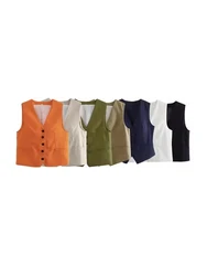 Women Fashion Front Button Linen Blend Waistcoat Vintage V Neck Sleeveless Female Outerwear Chic Vest Tops