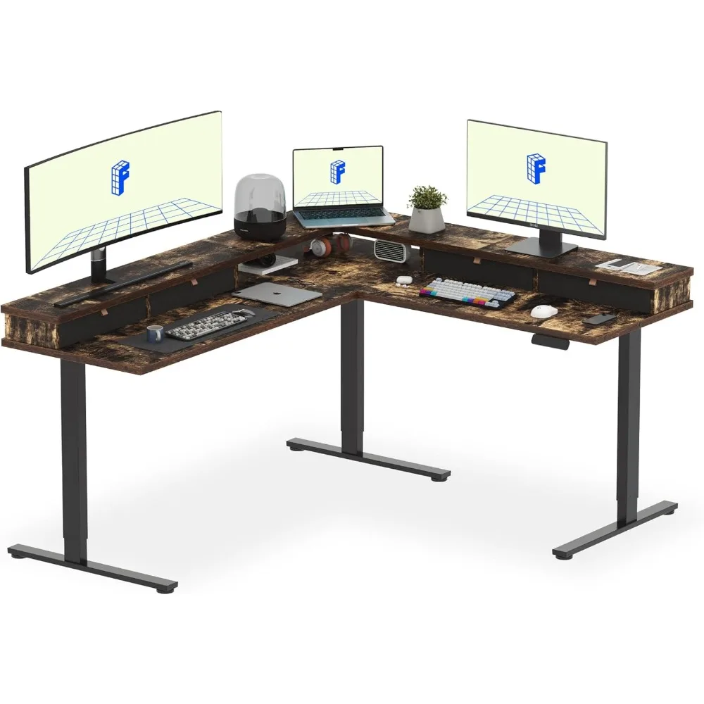 71'' L Shaped Standing Desk Electric Corner Table with Shelf, 4 Storage Drawers, Adjustable Computer Workstation for Home, Offi