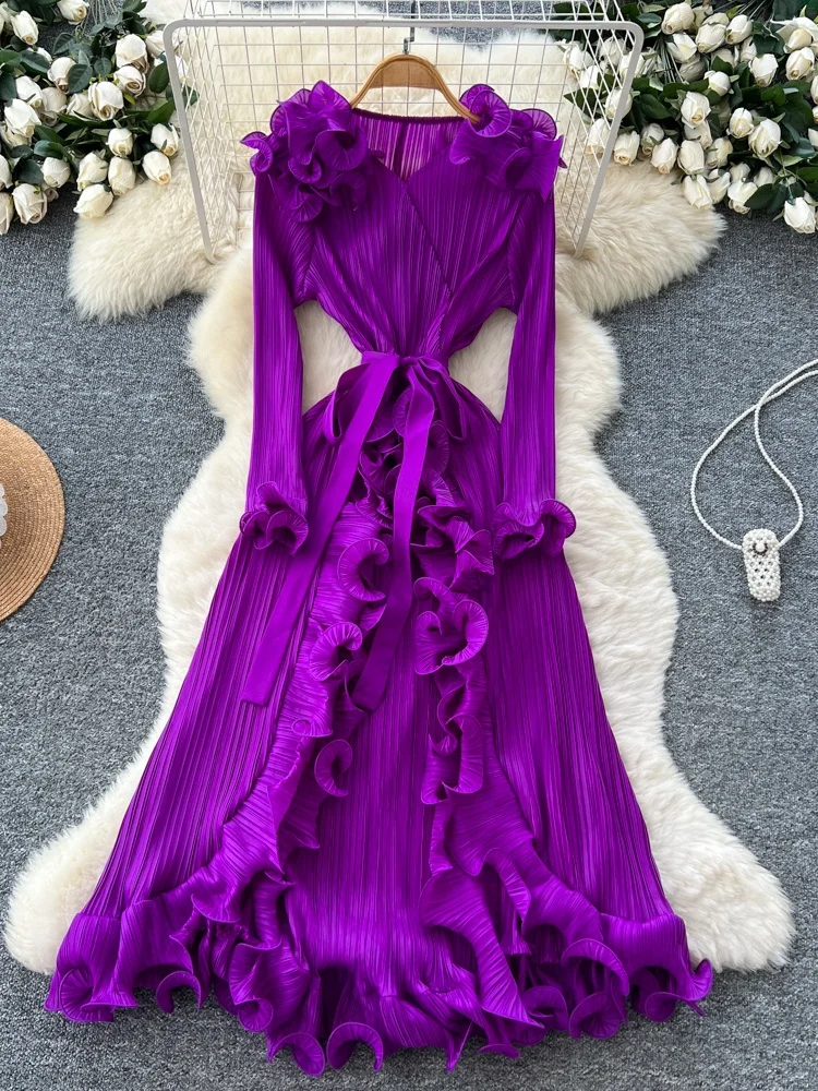 Ele Aラインロングドレス レディース ハイウエスト プリーツ サイドスリット スリム フロア丈ガウン Ele マットデザインセンス