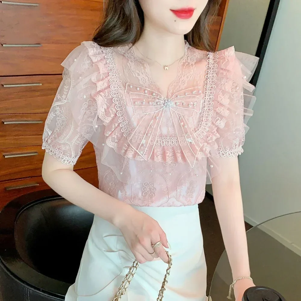 

Elegant Chic Lace Blouses Female 2023 Summer Ruffle Fairy Chiffon Shirt Women's Korean Bubble Short Sleeve Beaded Bow Casual Top