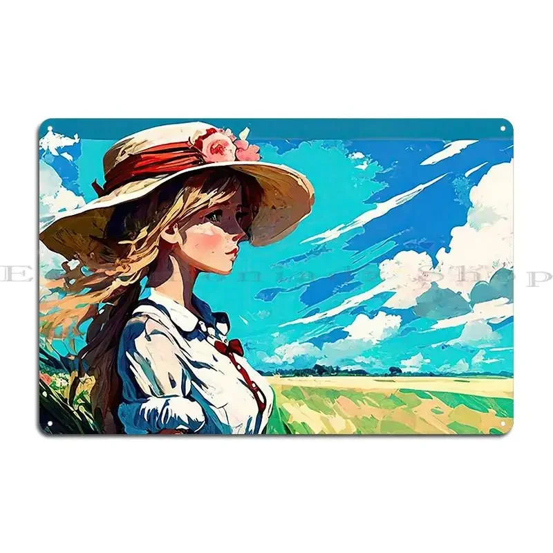 An Illustration Of A Beautiful Rural Woman Wearing A Straw Hat Metal Sign Wall Decor Wall Decor Customized Club Tin Sign Poster
