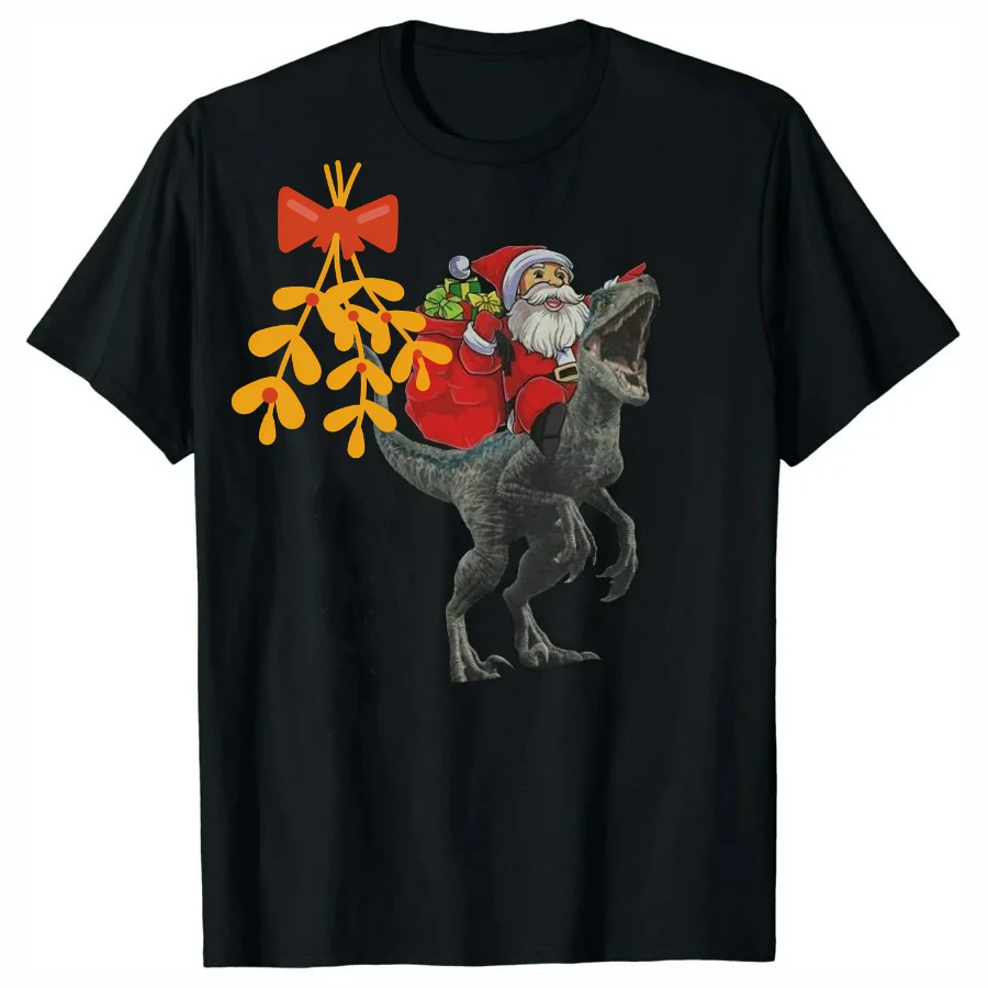 Santa Claus Riding A Velociraptor Christmas Dinosaurs T-Shirt 100% Cotton O-Neck Short Sleeve Casual Mens T-shirt Size S-3XL