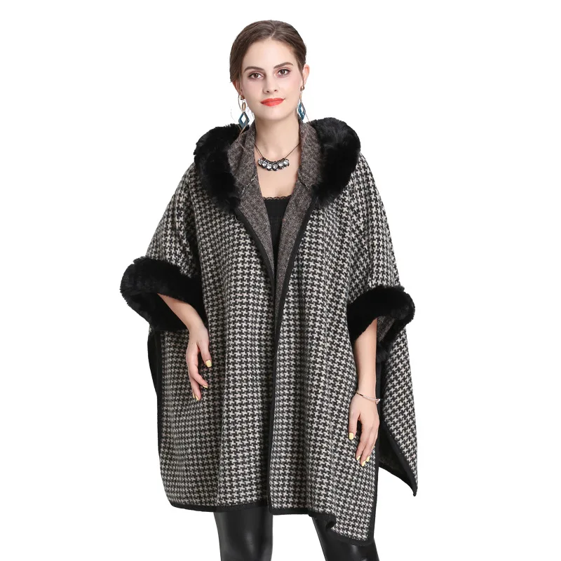 

C4983 New Autumn Winter Women's Loose Hooded Poncho Faux Fur Collar Cuff Cardigan Shawl Cape Cloak Poncho Outwear Coat