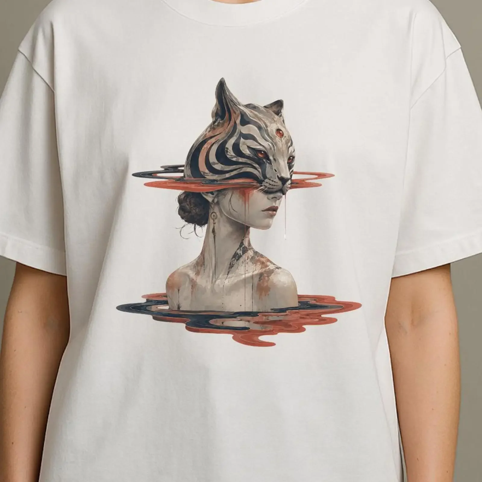 Surreales Tiger-Masken-Frauen-T-Shirt, japanisches Dark-Art-Porträt, Vintage, gewaschen, weich, Unisex, Grafik-Streetwear, stilvoll, dehnbar