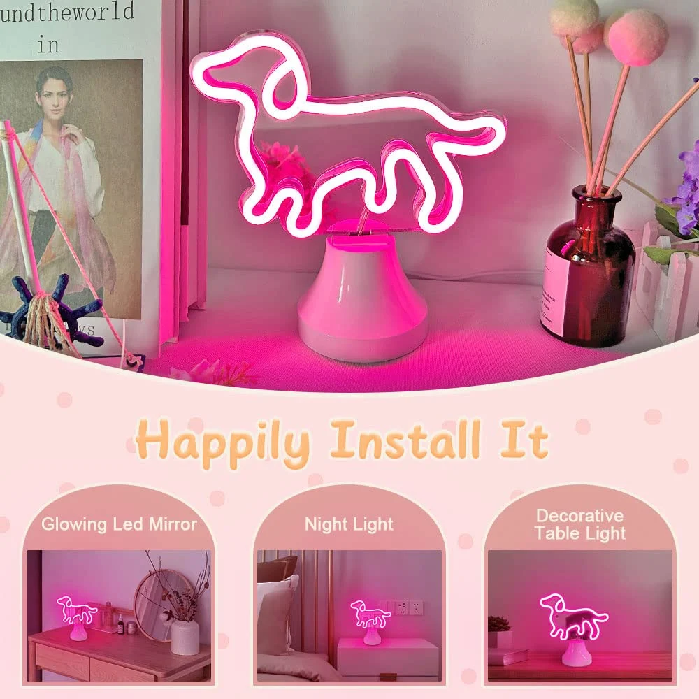 Dog Neon Sign for Room Decor, Neon Mirror Table Light, USB & Battery Operated Cute Neon Light for Bedroom, Office, Table Decorat