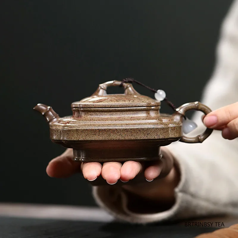 

Yixing Purple Clay Teapot Handmade Square Shape Bamboo Tea Pot Creative Household Beauty Kettle Chinese Zisha Tea Set 190ml