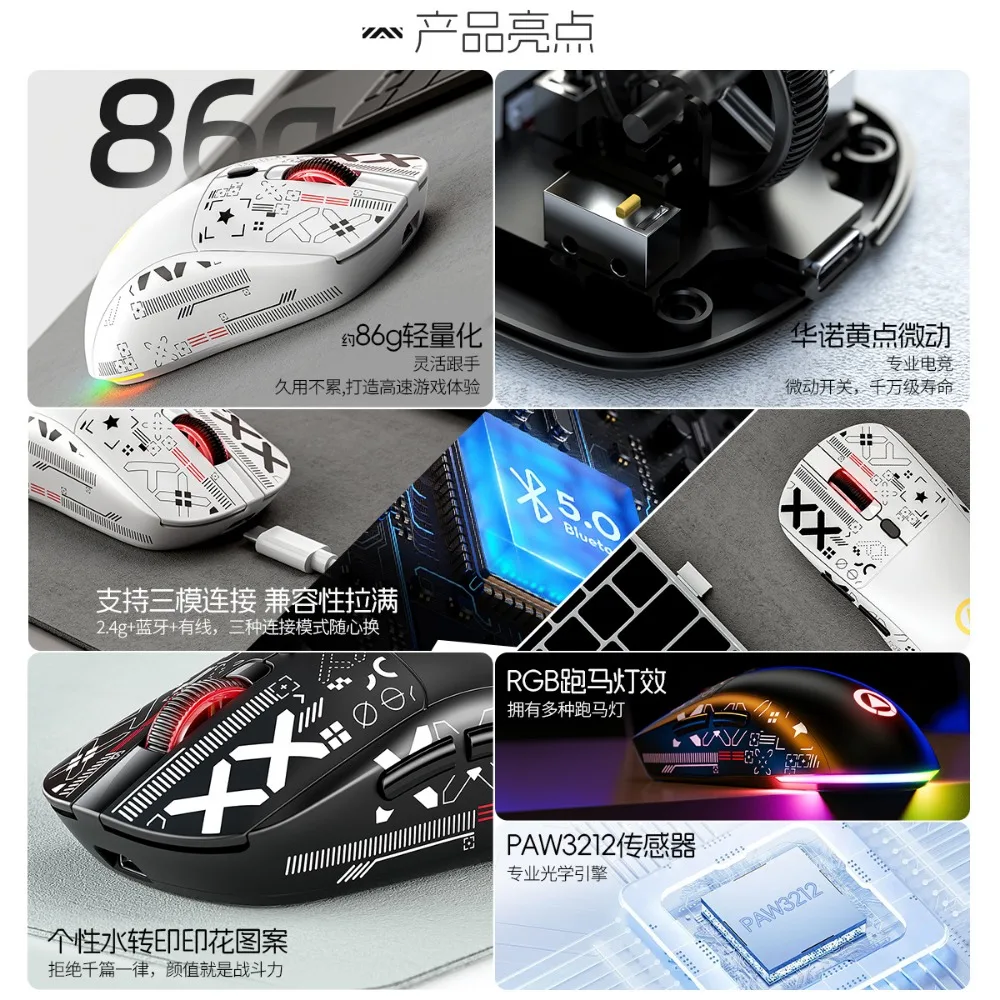 YINDIAO G18 Gaming Mouse Wireless 3-Mode Bluetooth5.0/2.4G/Type-c Wired Lightweight PAW3212 RGB 400mAh Ergonomics with Stickers