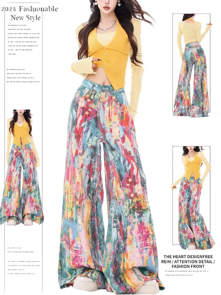 

Retro American Painted Denim Jeans Women High Waist Loose Straight Leg Wide Leg Pants Casual Pattern Waed Zipper Fly