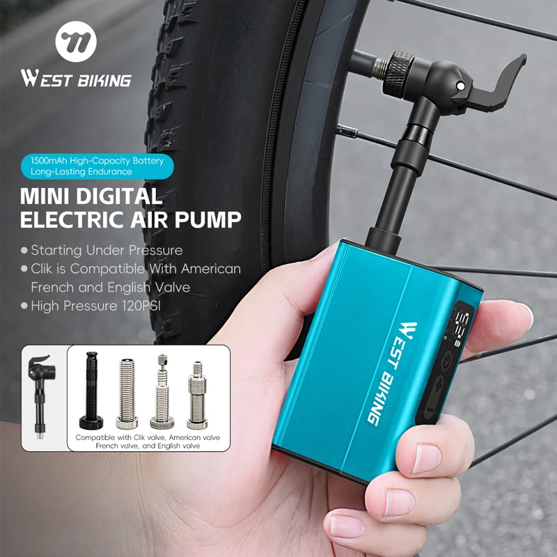 WEST BIKING Lokaler Versand PRO Elektrische Fahrradpumpe 4-in-1 Klickventil Tragbarer Luftkompressor mit Digitalanzeige 120PSI MTB Rennradpumpe