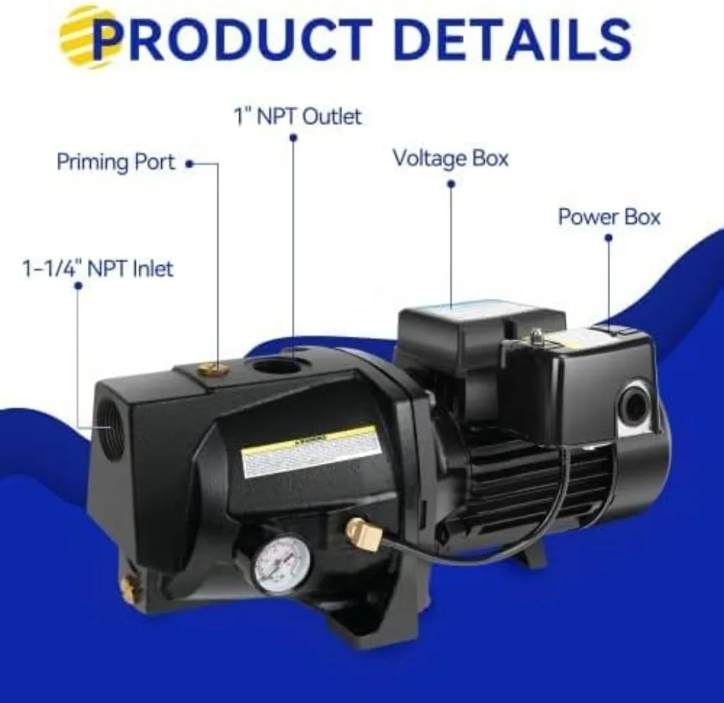 1 PS Flachbrunnenstrahlpumpe, Gusseisen, Brunntiefe bis 25 Fuß, 115 V/230 V Doppelspannung, automatischer Druckschalter