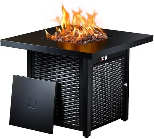 28 Inch Propane Fire Pit CSA-Listed Outdoor Fire Pit Table, 50,000 BTteel Gas Fire Pits with Lid and Lava Rock, Add