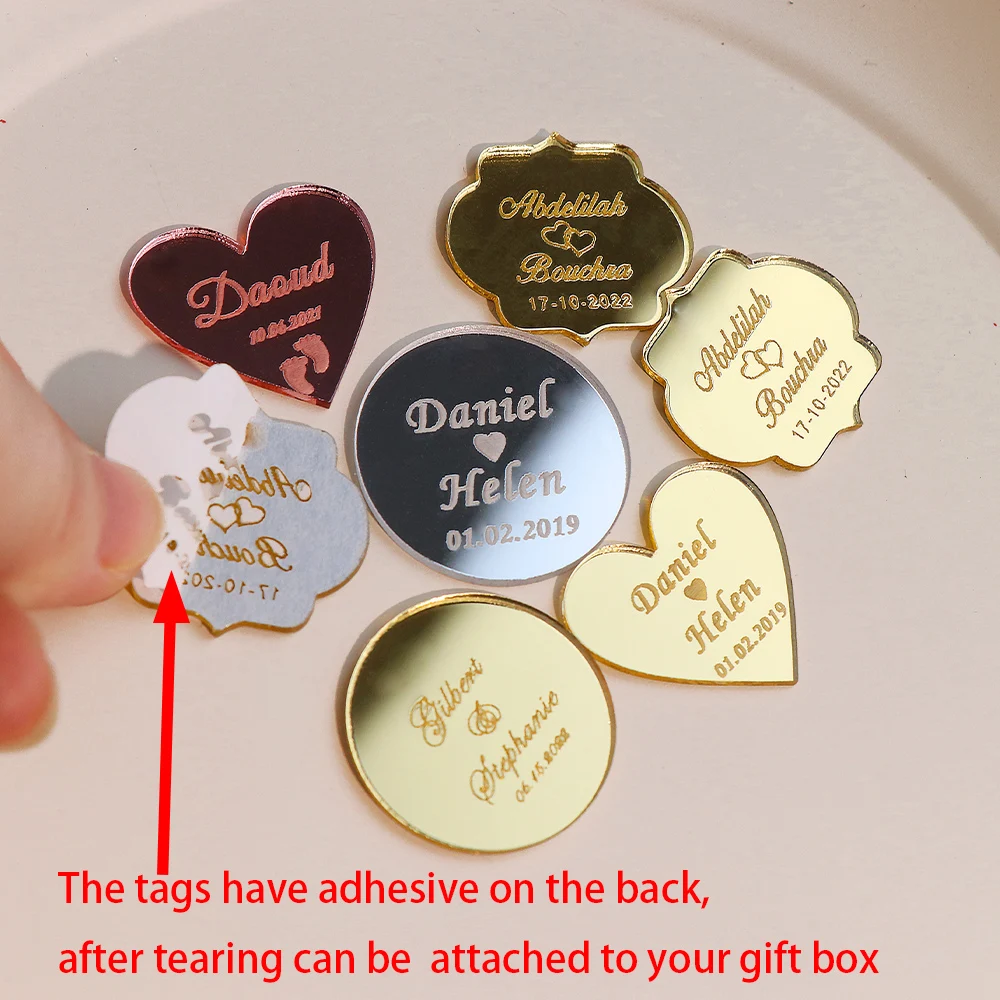 20/50/100Pcs Personalized Acrylic Adhesive Tag Engraved Custom Wedding Name Baby Baptism Mirror Gold Paste Tags Decoration Gift