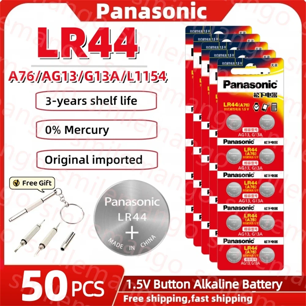 50PCS Panasonic A76 LR44 AG13 357 LR1154 SR44 LR 44 1.5V Alkaline Button Coin Cell Batteries For Watch Calculator Toy Clock