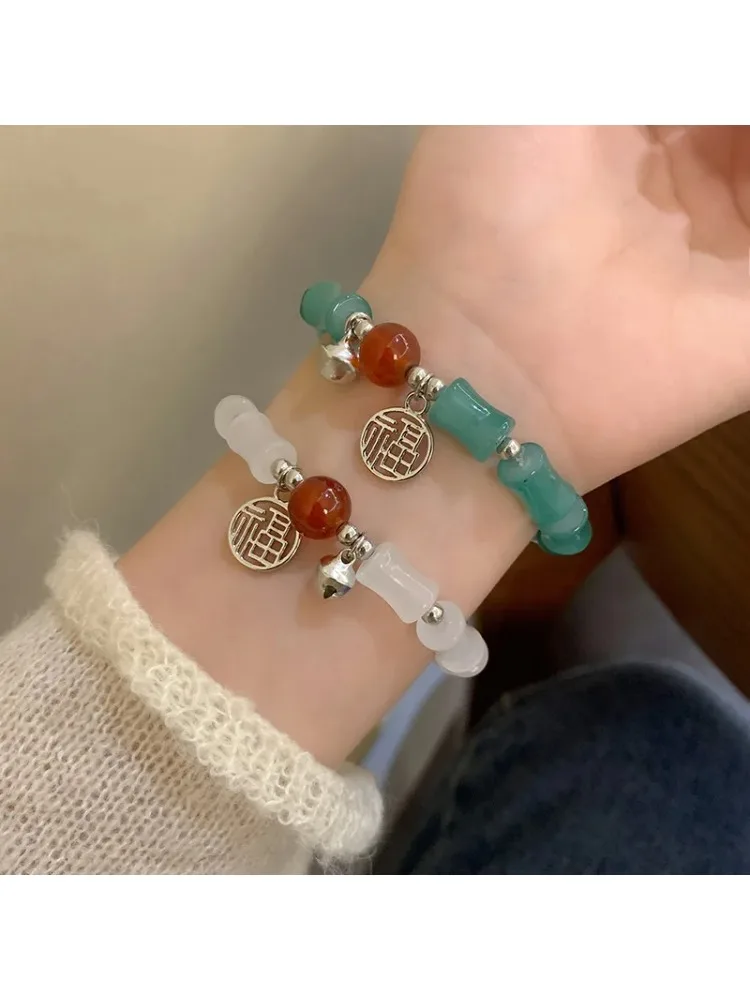 *New Chinese Style Green Crystal Bamboo Bracelet for Women Girl Vintage Elastic Beaded Charm Bangle Bracelet Jewelry  Lover Gift