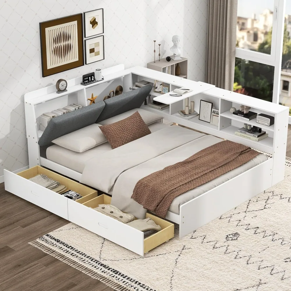 Bellemave Full Corner Bed Frame, Captains Bed, Wood Full Size Daybed with L-Shaped Bookcase and 2 Drawers，Full Daybeds with Stor