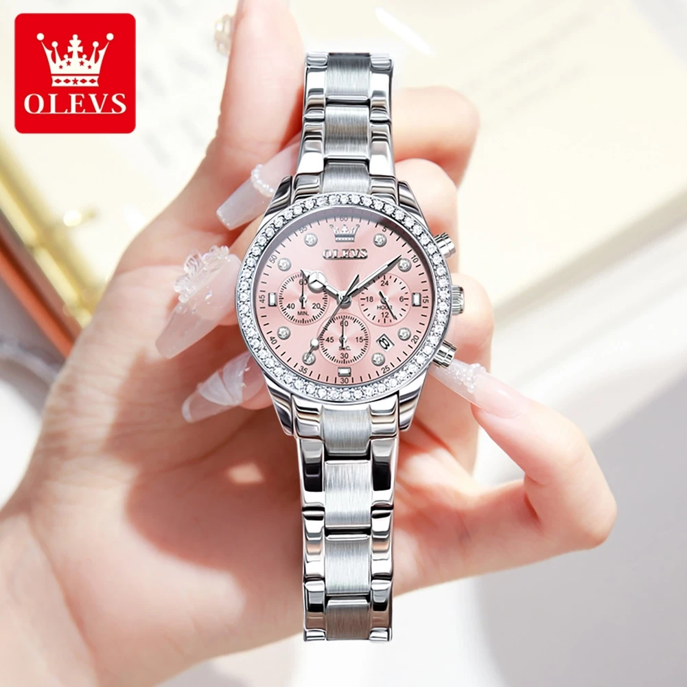 Olevs Marke Mode rosa Quarzuhr für Frauen Edelstahl wasserdicht leuchtenden Kalender Luxus Chronograph Uhren Damen