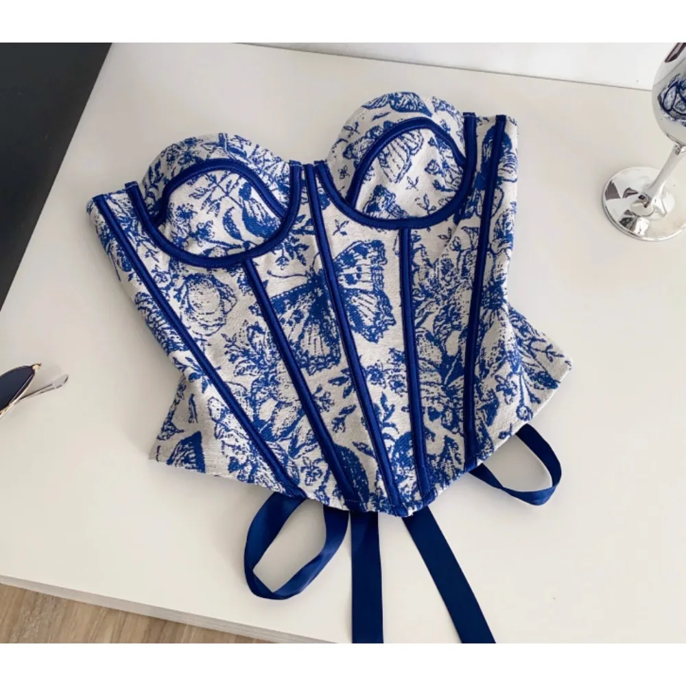 シックなヴィンテージノースリーブコルセットビスチェジャカードブラウス韓国ファッション夏のビーチ女性スリングトップ