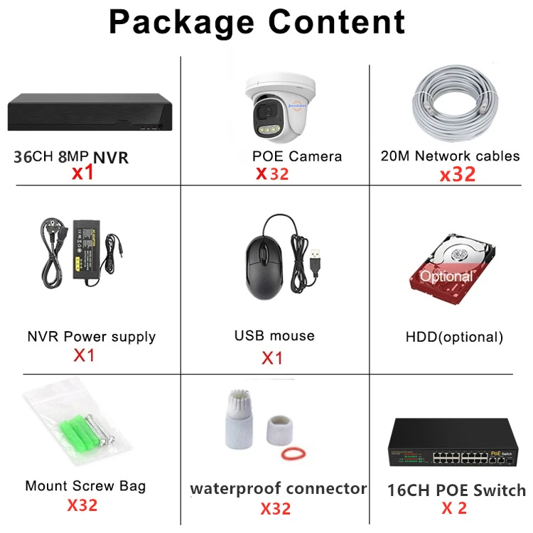 Jianvision 32CH Indoor Dome CCTV System 4K 8MP Resolution Full Color Night Vision POE Microphone CMOS IP Network Compatible