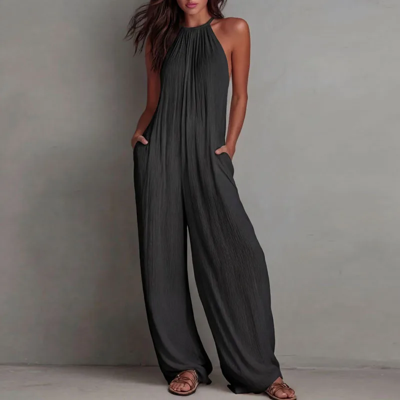 Spring Textured Pocket Wide Leg Jumpsuits Woman Sexy Halter Back Zipper Hollow Rompers Summer Sleeveless Vacation Beach Overalls