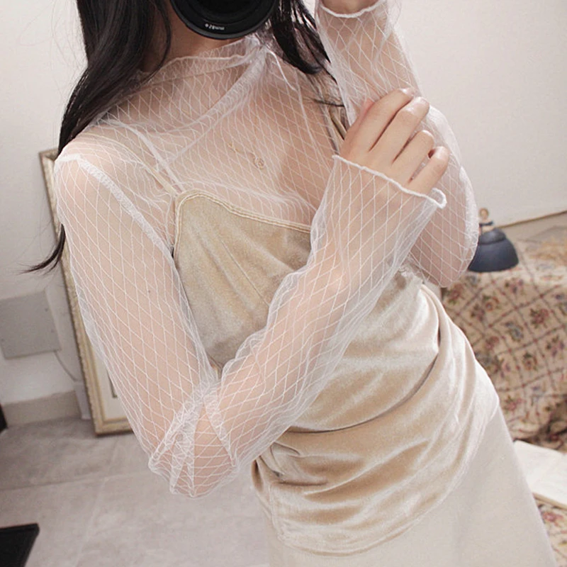 Korean Style Mesh T shirt Sexy Black Lace Flower Under Shirt  Harajuku long sleeve T shirts See Through Mesh Tops transparent