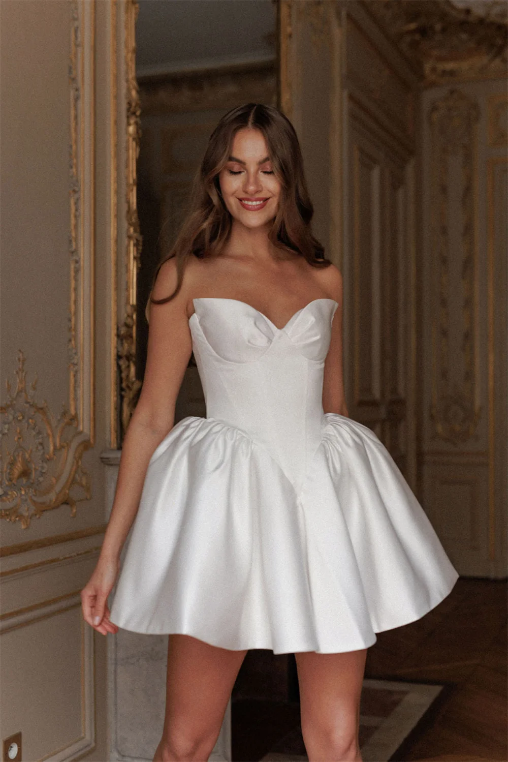 Amanda Strapless Ball Gown Vestido De Novia  Thick Satin Mini Prom Dress White Short Wedding Dress Sleeveless Evening Dresses