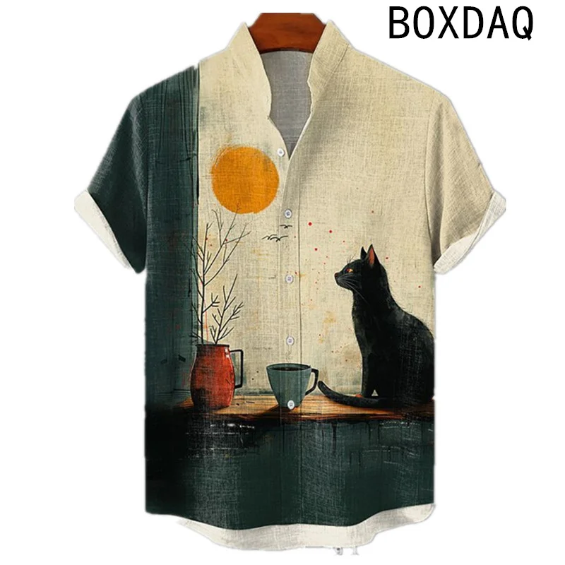 Big Size Men Hawaiian Shirt 3D Animal Cat Pattern Printed Shirt Men's Summer Short Sleeved Casual Blouse Shirt