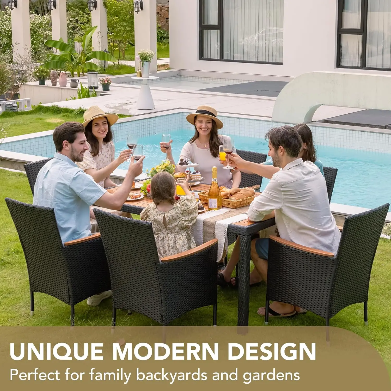 Devoko Dining 7 PCS Furniture, Patio Conversation Set with Acacia Wood Table Top, Rattan Outdoor