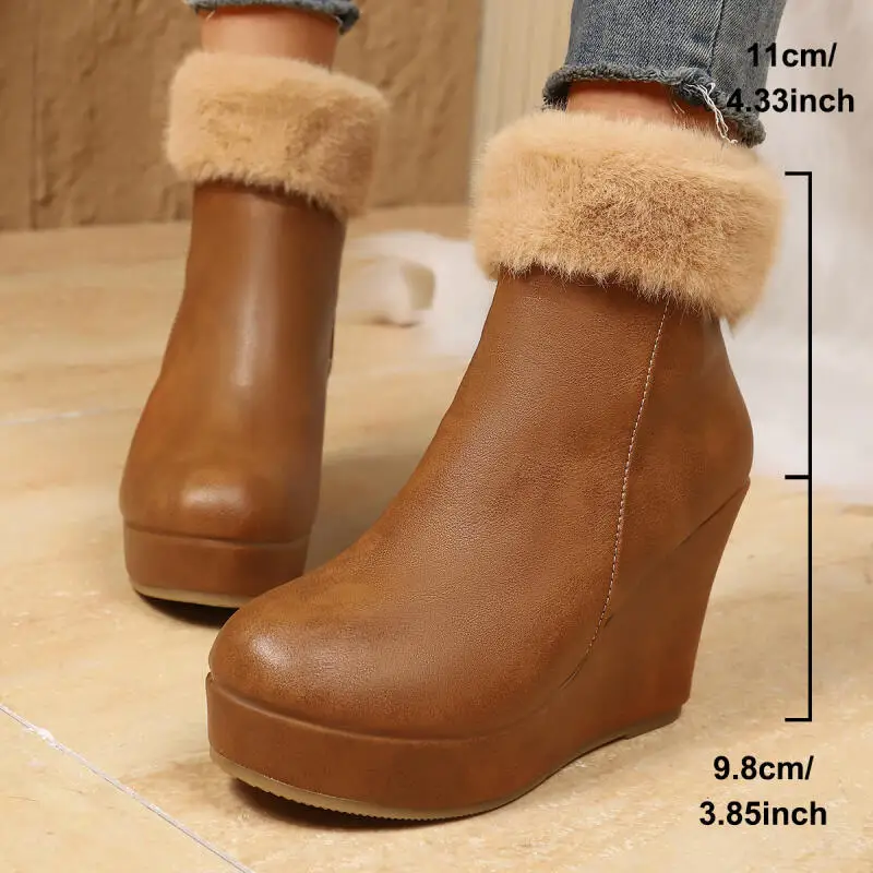Botines marrones de tacón súper alto con plataforma gruesa para mujer, botas cortas peludas con tacón de cuña y parte inferior gruesa para invierno, zapatos de piel esponjosa