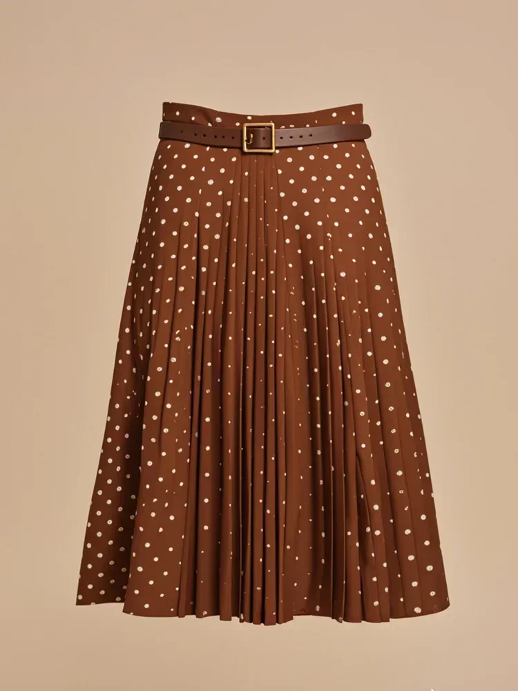 Vintage Brown Polka Dot Pleated Skirt Two Piece with Belt Mid-length Full Skirts Y2K Aesthetic All-match Dress for Office Lady