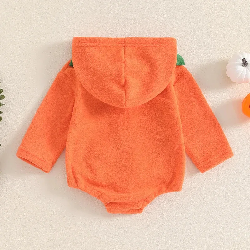 2024 Halloween Bodysuit for Newborn Cute Pumpkin Shape Long Sleeve Zipper Hooded Jumpsuit Baby Outfits