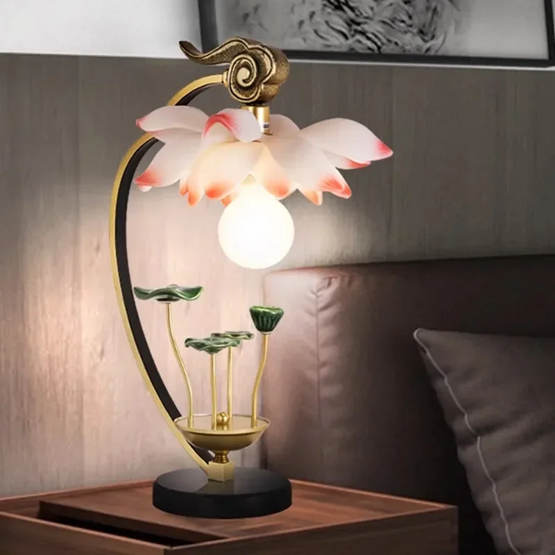 

New Chinese Table Lamp Indoor Household Creative Retro Chinese Style Living Room Hotel Zen Lotus Bedroom Bedside Desk Lamp
