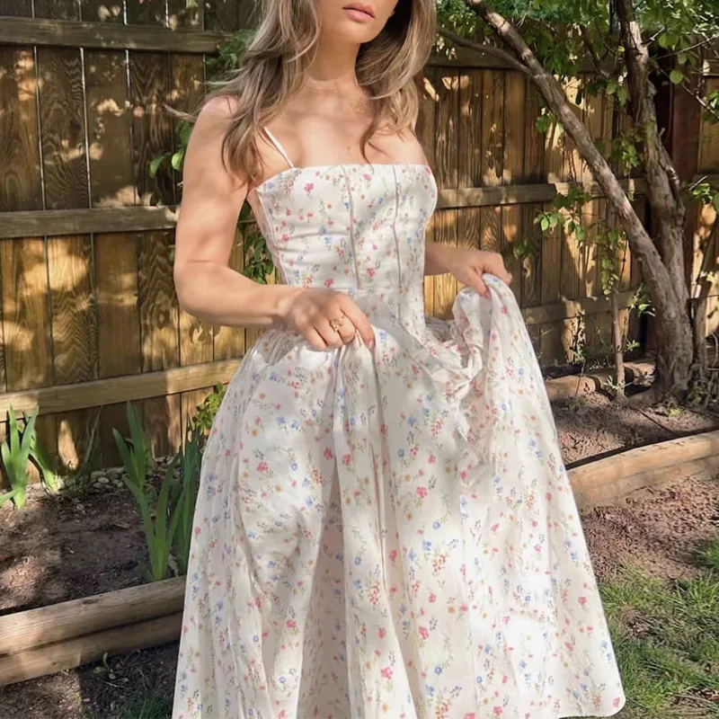 DGLUKE スパゲッティストラップ花柄マキシドレス女性ハイウエスト A ラインロングドレスエレガントなウエディングパーティードレス女性のための