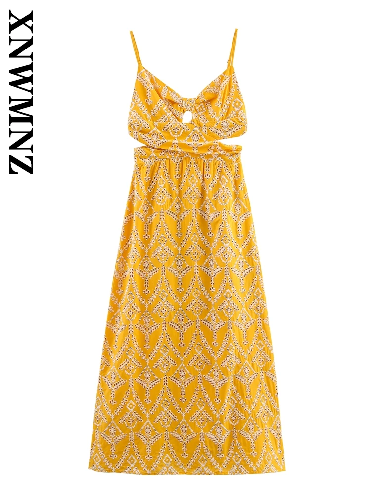 XNWMNZ 2025 verano mujer Chic vacaciones delgada correa de hombro hombro midi vestido boho Sexy mujer dorado sin mangas vestidos simples