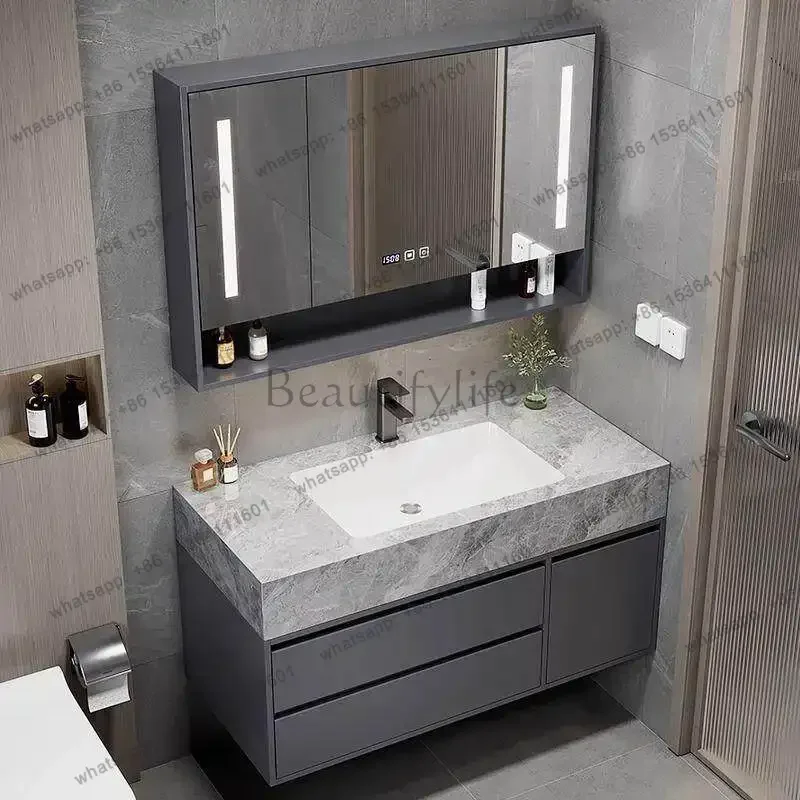 

Seamless rock slab ceramic integrated basin bathroom cabinet combination simple smart washstand