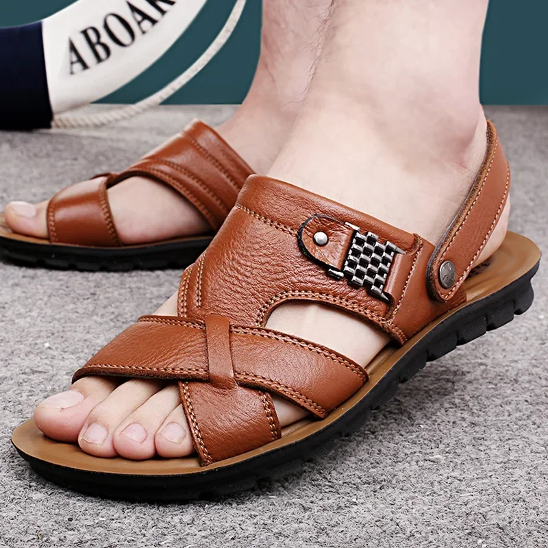 Men Shoes Summer Sandals Genuine Leather Fashion Casual Slippers Man Shoes Plus Size Roman Beach Shoes Gladiator High Quality