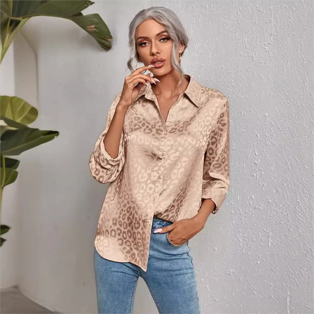 

Women's Spring/Summer New Flip Collar Open Button Leopard Pattern Jacquard Blouses Long Sleeve Shirt Elegant Ladies Street Top