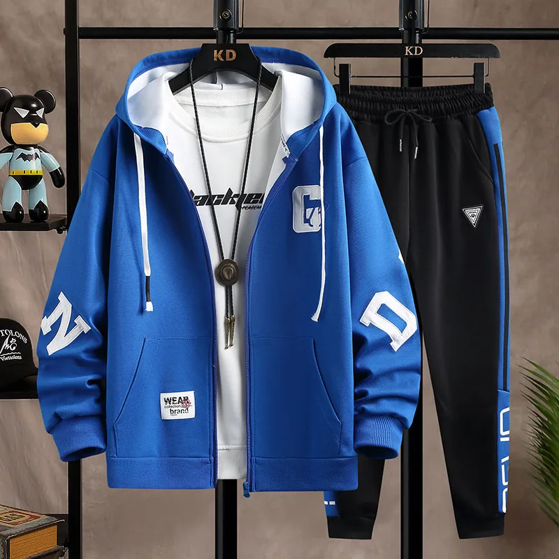 

Mens Hoodie Set Korean Style Streetwear 2025 Pullover and Joggers Sets Teen Boys Spring Fall Casual Outfit Blue