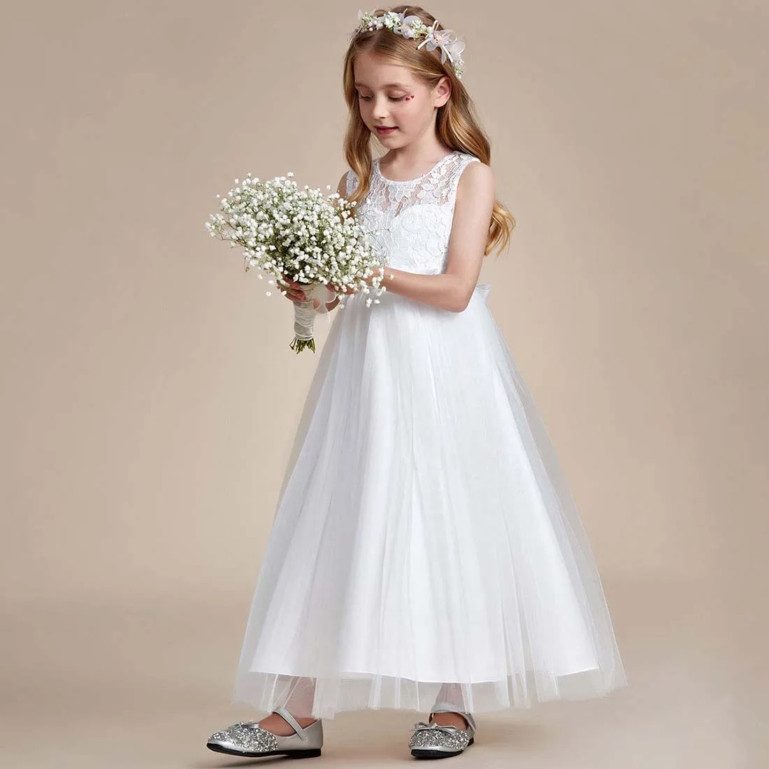 YZYmanualroom vestido de tul de encaje para niña de flores, lazo de princesa sin mangas, 2-15T