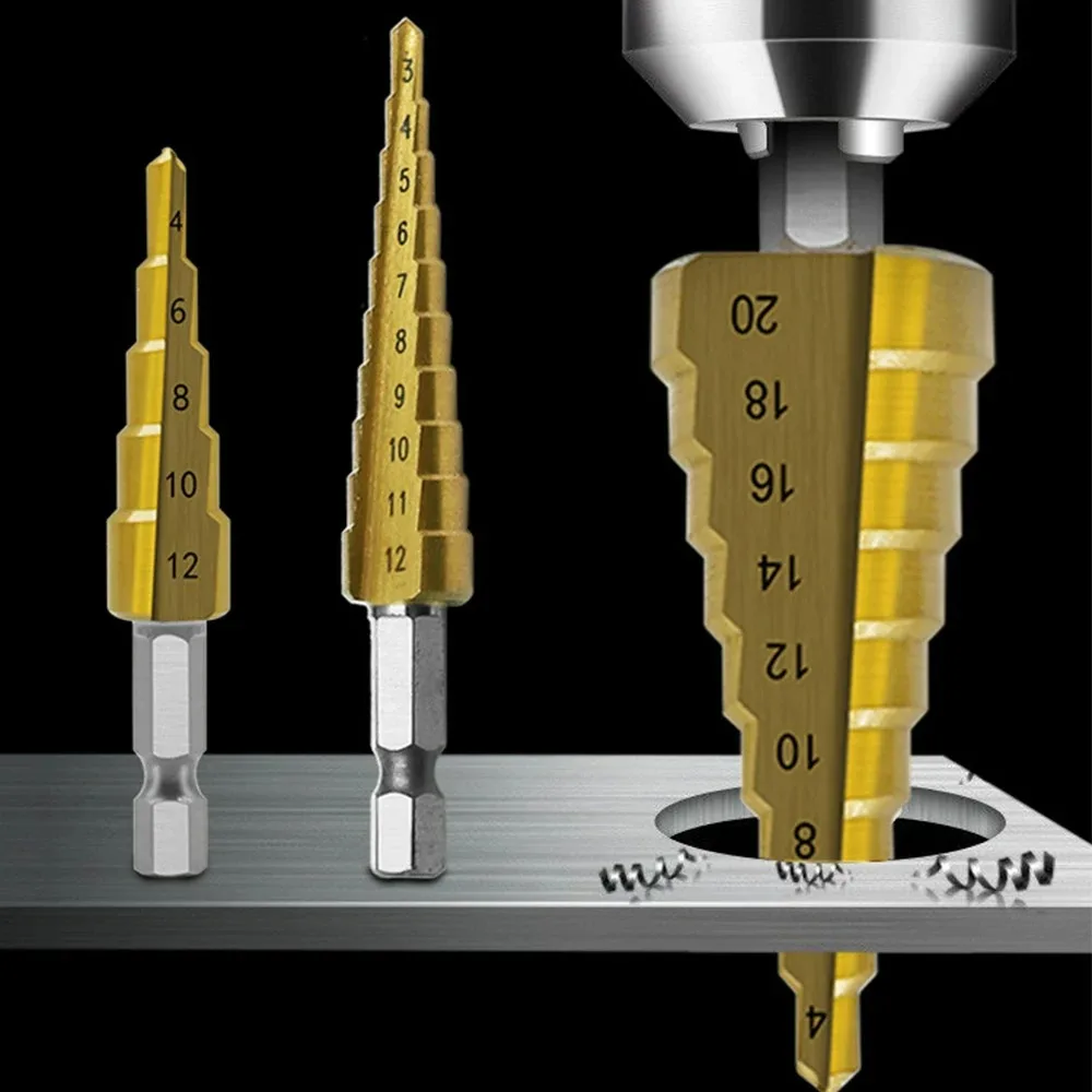 3Pcs/set 3-12mm 4-12mm 4-20mm HSS Straight Groove Step Drill Bit Titanium Coated Wood Metal Hole Cutter Core Drilling Tools Set