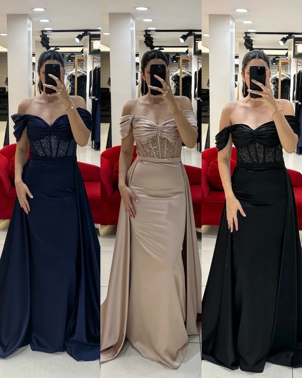 

Customized Modern Style Pleat Draped Beading Sequined A-line Off-the-shoulder Long Dresses Bespoke Occasion Dresses Exquisite