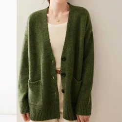 High Quality Women's Cardigan 100% Cashmere Sweater V-Neck Large Size Cardigans Autumn Winter Lady Casual Solid Knit Jacket Top