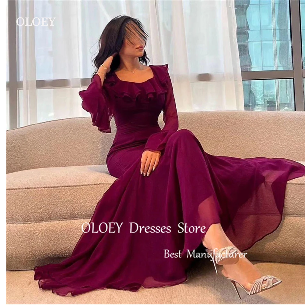 

OLOEY Vintage Grape Purple Silk Organza Evening Dresses Mermaid Long Sleeves Square Neck Prom Gowns FOrmal Party Dress 2024