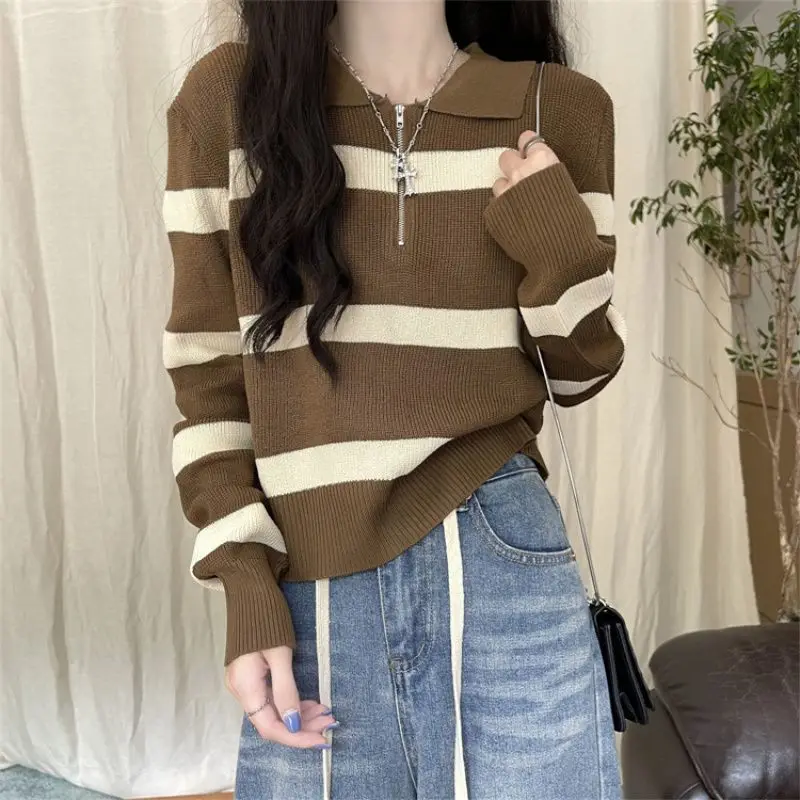 

Casual Striped Knitted T-shirt Female Clothing Korean Polo-Neck Spring Autumn Long Sleeve Basic Stylish Zipper Loose Pullovers