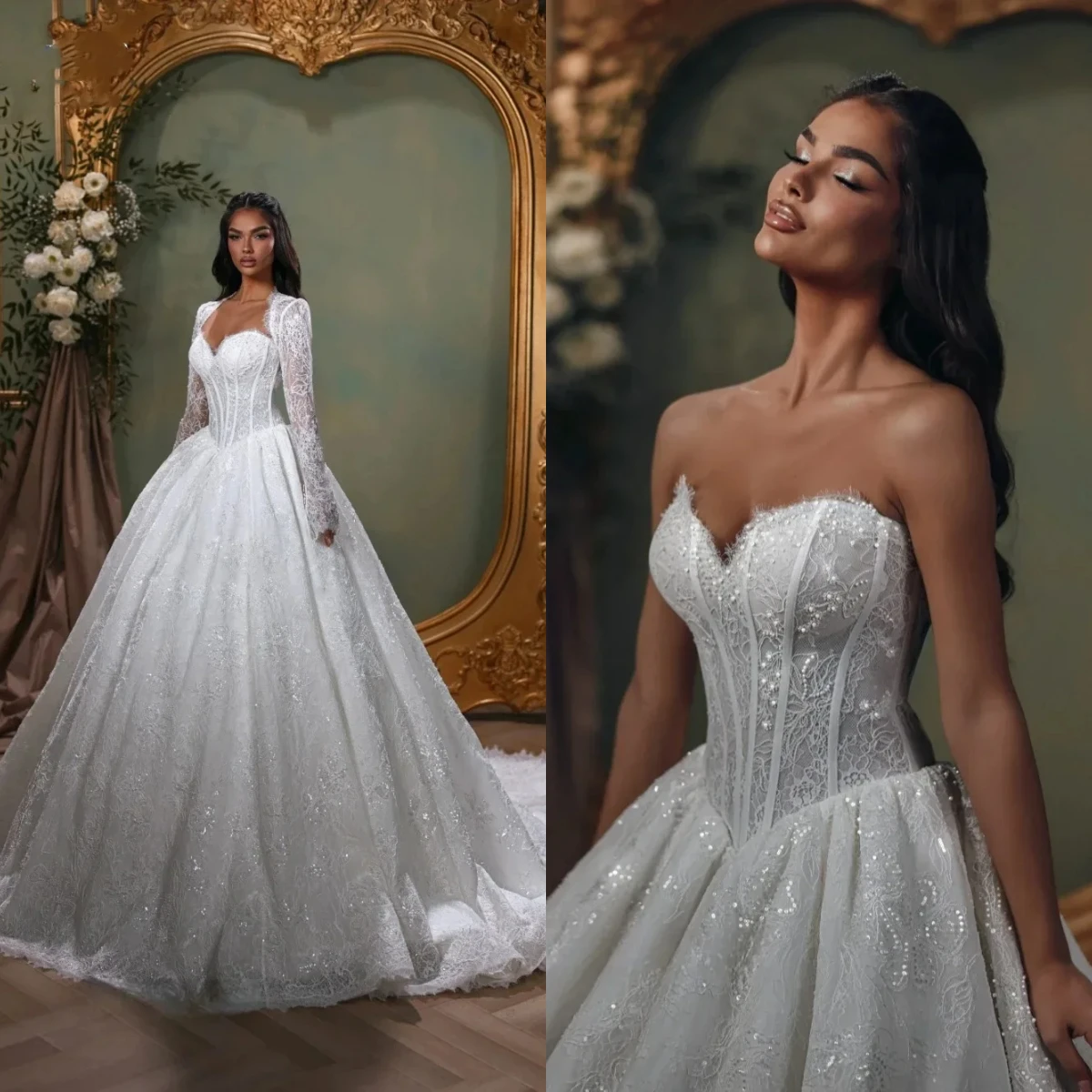 Elegant A-Line Lace Bead Decoration Women's Wedding Dress Sexy V-Neck Detachable Long Sleeved Auditorium Bridal Gown Customized