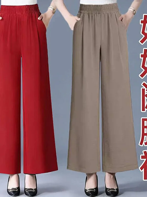 

High Waist Wide Leg Pants Women's Summer Thin Ice Silk Casual Mom Nine Points Drapey Straight Cut Breathable Polyester Fiber