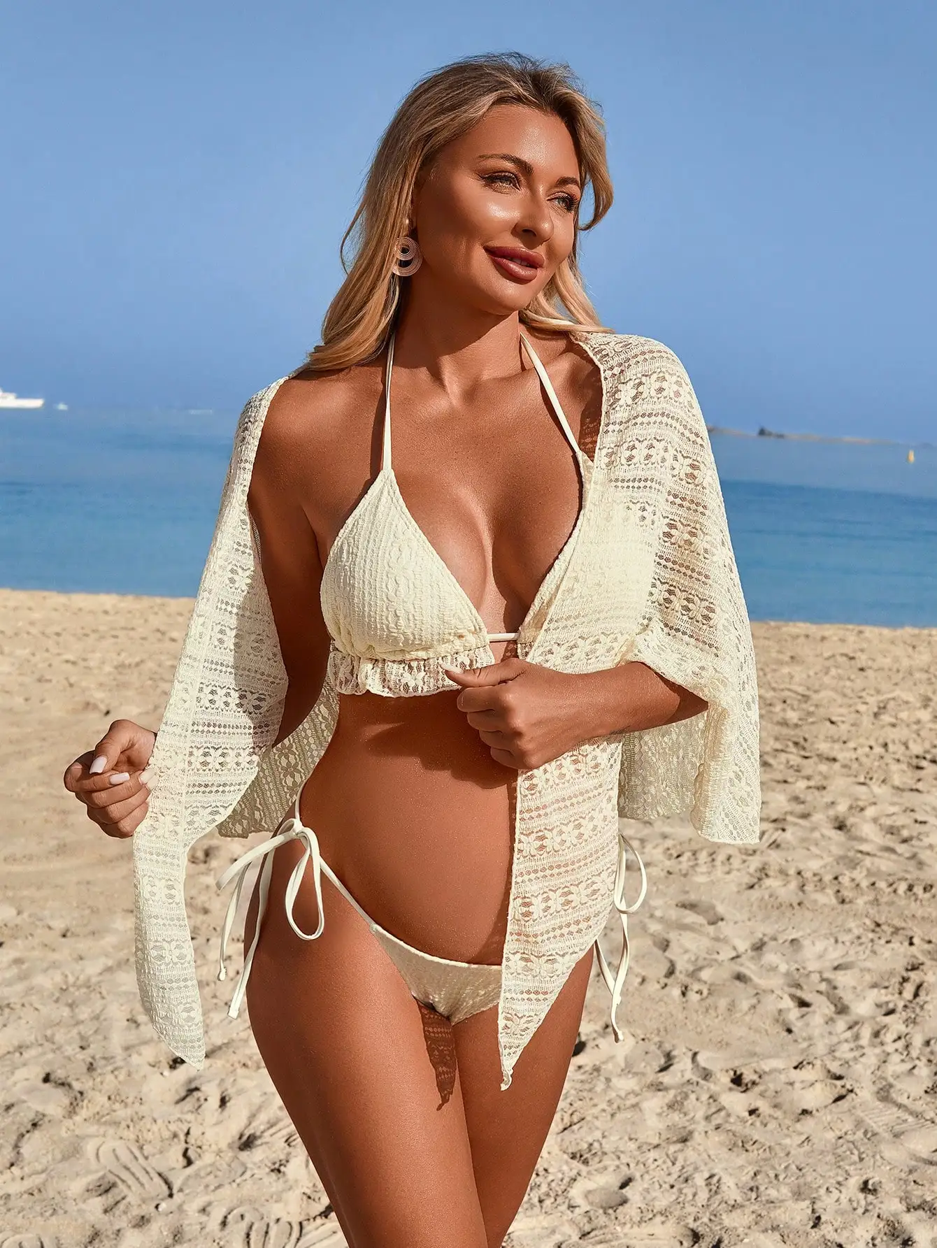 Swim Vcay Pregnant Women's Summer Beach Textured Halter Bikini Set And Cover-Up Skirt