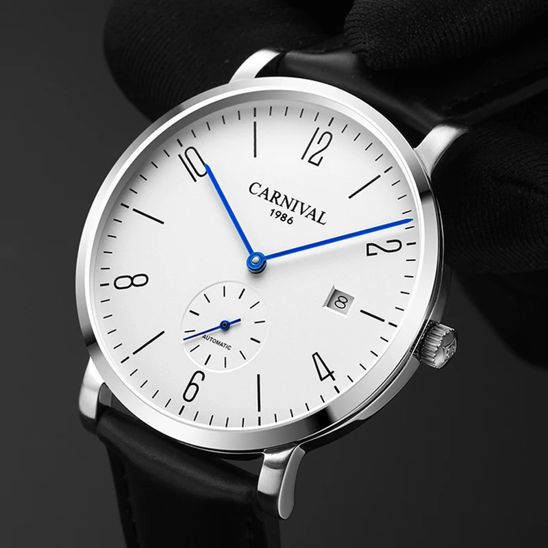 

Carnival Fashion Simple Small Seconds Design Mechanical Watch Men Calendar Waterproof Automatic Watch Leather Strap Watches 8017